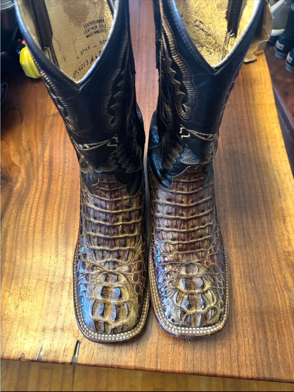 Men's Brown Crocodile-Textured Square-Toe Western Boots